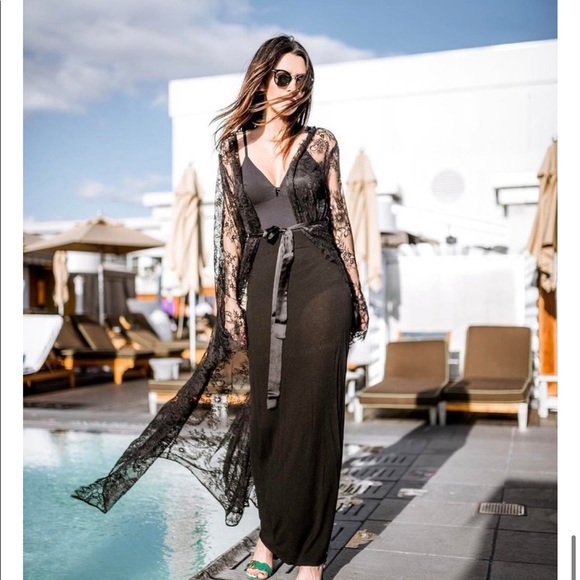 LONG SLEEVE LACE MAXI KIMONO COVERUP CARDIGAN BLK - Picture 2 of 9